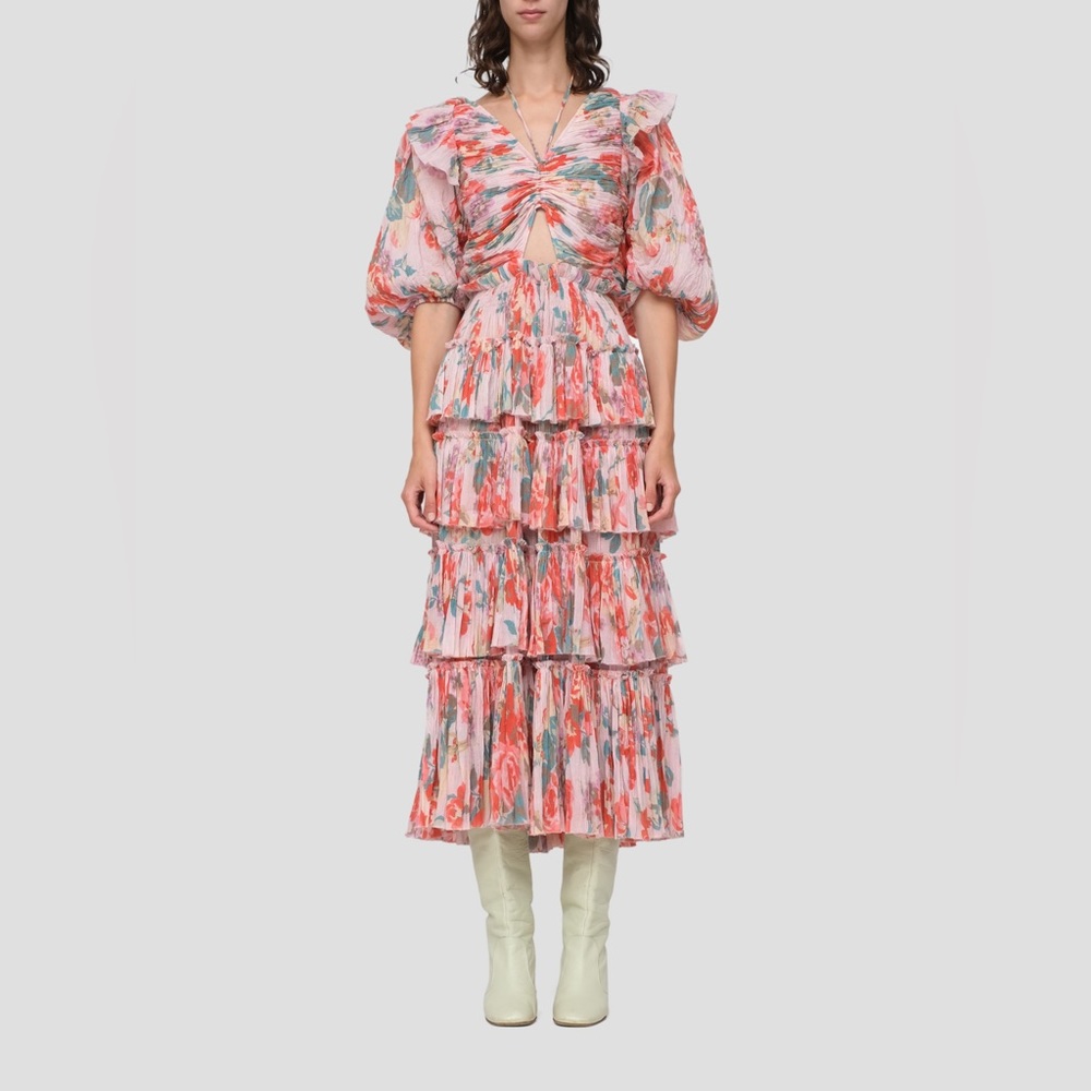NWT Sea Lanie Floral V-Neck Puff-Sleeve Tiered Midi Dress